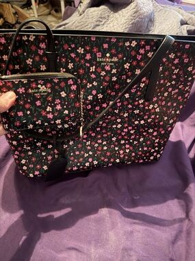 kate spade Black Floral Tote with Pink Accent Pouch